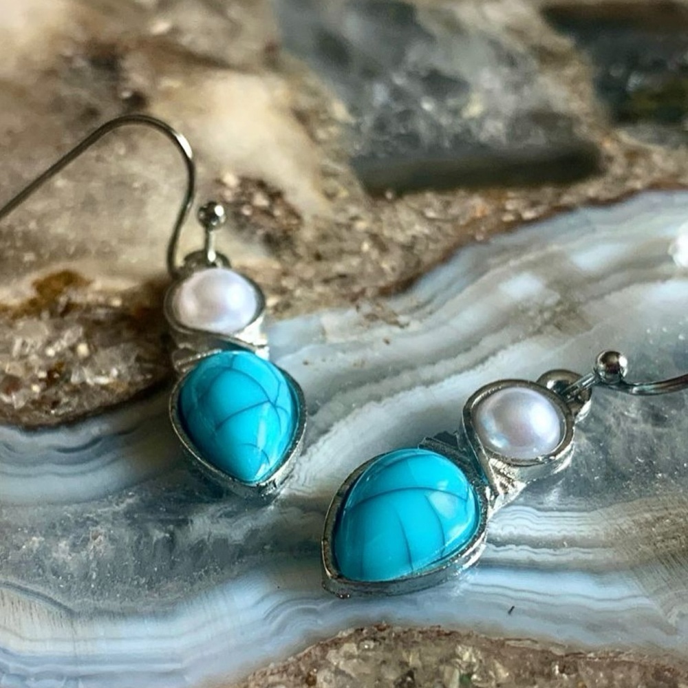 2375 Turquoise Colored Stone and Silver Drop Earrings